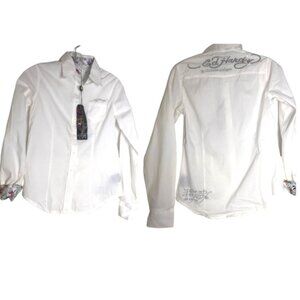 Ed Hardy NEW Vintage Logo Sequins Embroidery Shirt Floral Cotton Button Blouse S